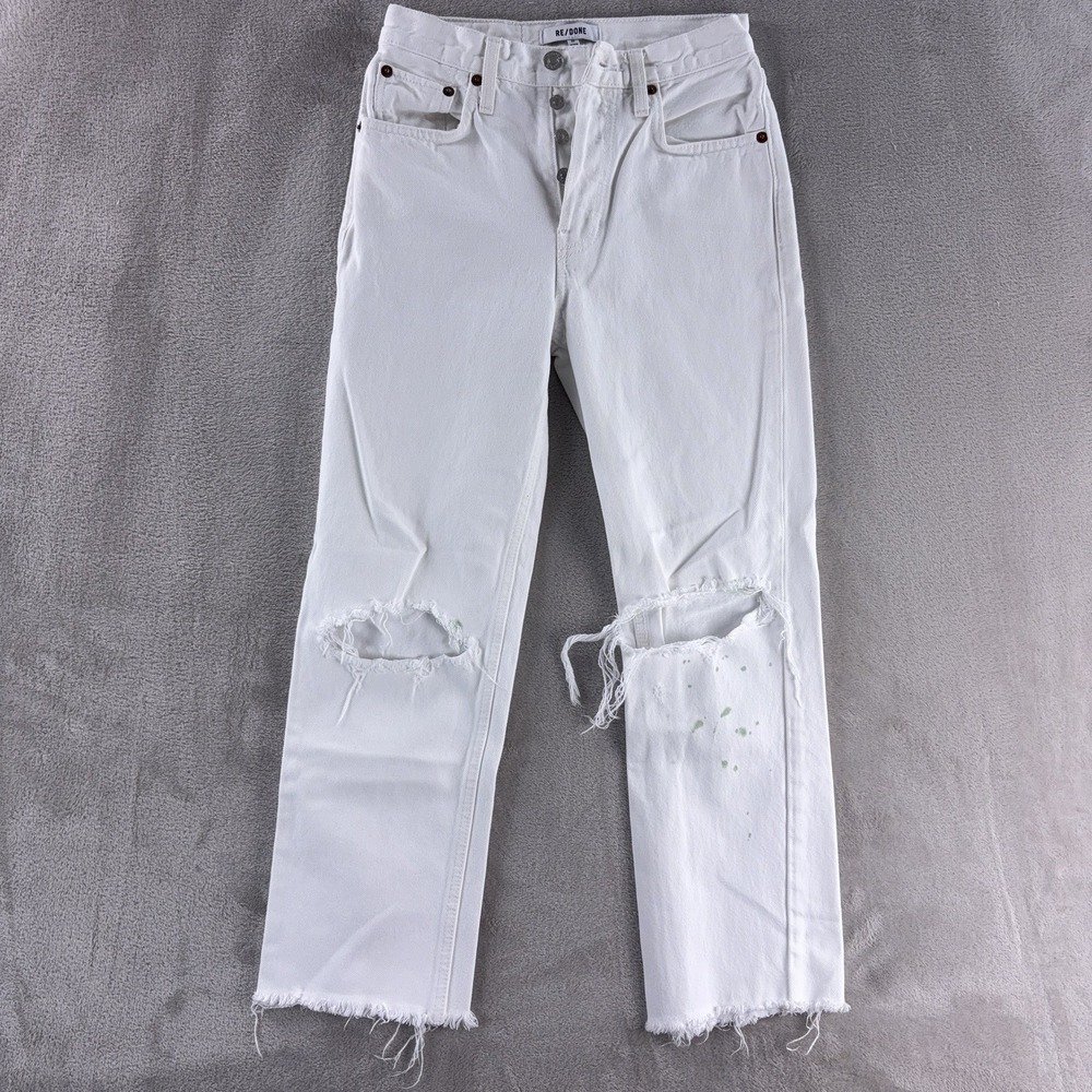 Re/Done Straight Leg Jeans Womens Size 23x24 White High Rise‎ Distressed Denim